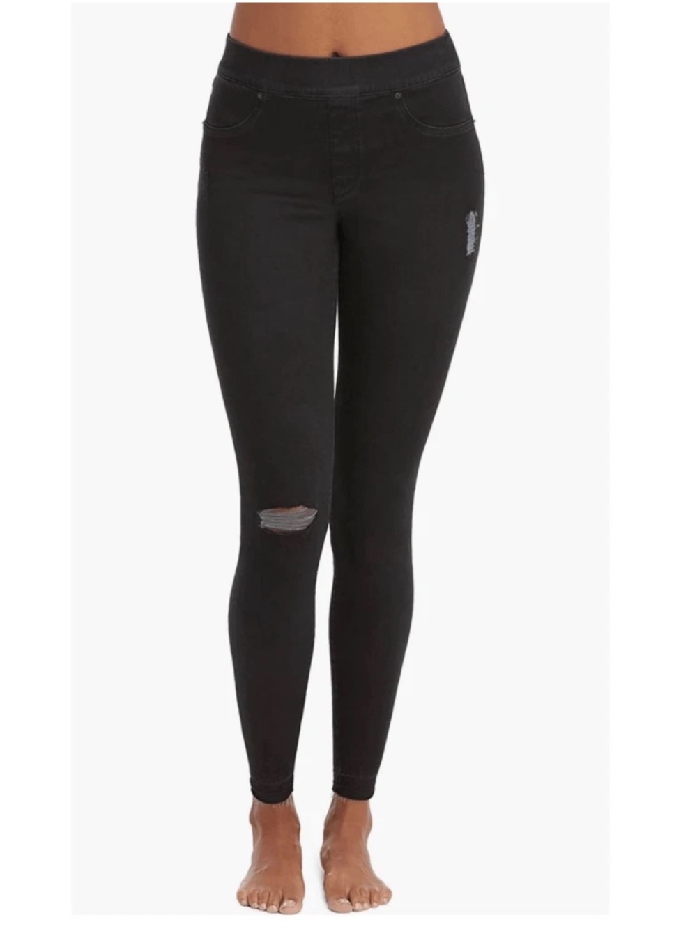 SPANX Perfect Ankle Skinny Distressed BLACK pull-on raw hem Jeans Jeggings M